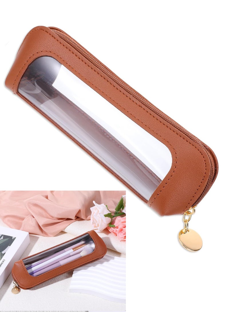 Bukela Small Clear Makeup Pouch, PU Leather Makeup Brush Bag Portable Travel Mini Cosmetic Bag Transparent Waterproof Organizer Pouch with Zipper for Women Home Travel Office Cosmetic Storage (Brown) - Image 1