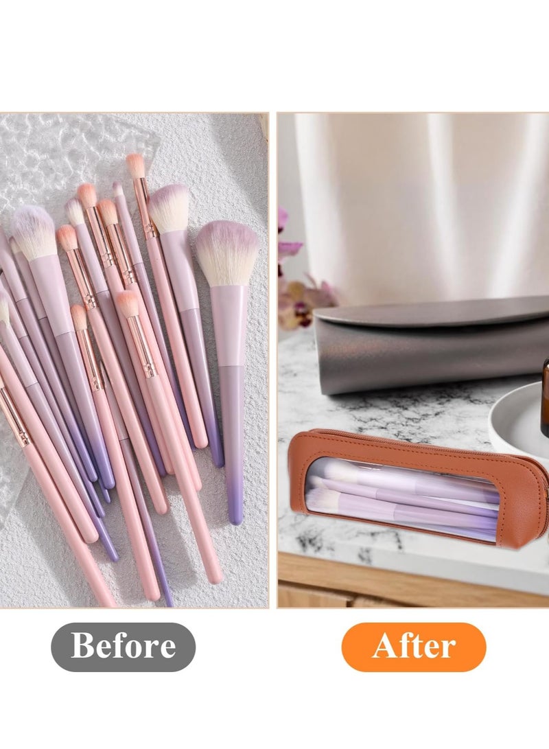 Bukela Small Clear Makeup Pouch, PU Leather Makeup Brush Bag Portable Travel Mini Cosmetic Bag Transparent Waterproof Organizer Pouch with Zipper for Women Home Travel Office Cosmetic Storage (Brown) - Image 2