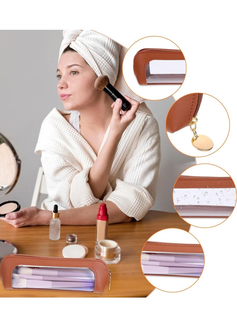 Bukela Small Clear Makeup Pouch, PU Leather Makeup Brush Bag Portable Travel Mini Cosmetic Bag Transparent Waterproof Organizer Pouch with Zipper for Women Home Travel Office Cosmetic Storage (Brown) - Image 3