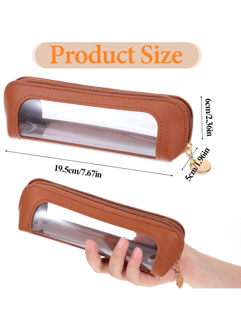 Bukela Small Clear Makeup Pouch, PU Leather Makeup Brush Bag Portable Travel Mini Cosmetic Bag Transparent Waterproof Organizer Pouch with Zipper for Women Home Travel Office Cosmetic Storage (Brown) - Image 4