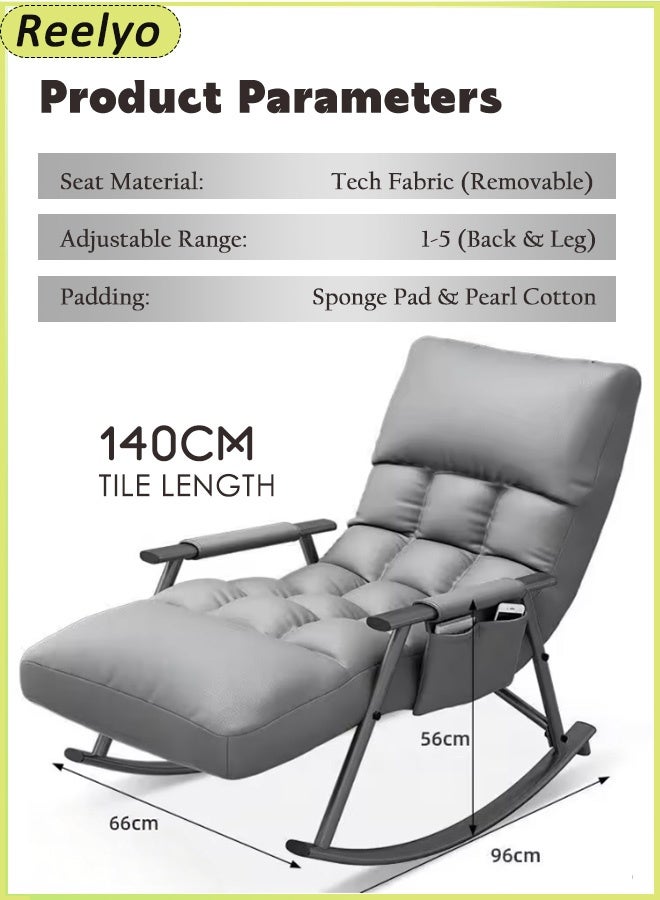 Reelyo Rocking Chair High Back 5-Levels Upholstered Recliner Chair Modern Style Rocking Armchair Adjustable Legs & Back Lounge Chair With Padded Rocking Chair With Armrests Storage Bag Modern Lounger Accent Sofa Home Leisure Adjustable 140x66x56 Cm For Nursery, Living Room, Bedroom Ounge Living Room Bedroom Patio Garden Grey - Image 2