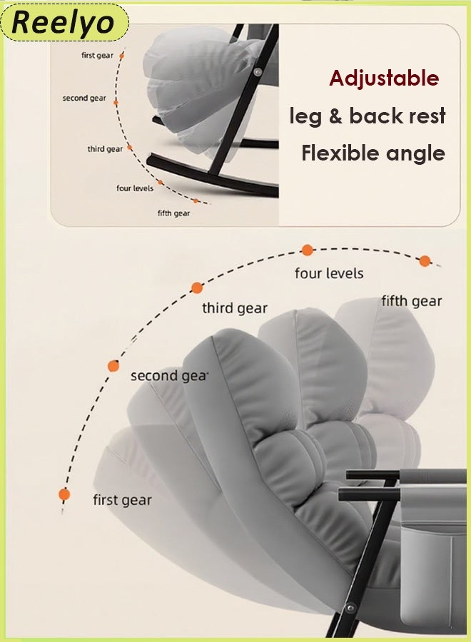 Reelyo Rocking Chair High Back 5-Levels Upholstered Recliner Chair Modern Style Rocking Armchair Adjustable Legs & Back Lounge Chair With Padded Rocking Chair With Armrests Storage Bag Modern Lounger Accent Sofa Home Leisure Adjustable 140x66x56 Cm For Nursery, Living Room, Bedroom Ounge Living Room Bedroom Patio Garden Grey - Image 5