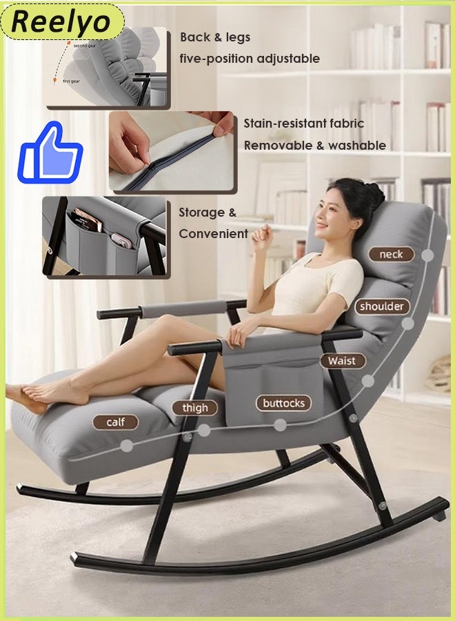Reelyo Rocking Chair Upholstered High Back Adjustable Lounge Chair With Padded Rocking Chair With Armrests Storage Bag Modern Lounger Accent Sofa Home Leisure Adjustable 140x66x56 Cm For Nursery, Living Room And Bedroom GREY - Image 1