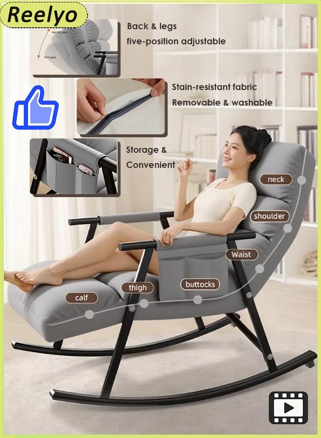 Reelyo Rocking Chair High Back 5-Levels Upholstered Recliner Chair Modern Style Rocking Armchair Adjustable Legs & Back Lounge Chair With Padded Rocking Chair With Armrests Storage Bag Modern Lounger Accent Sofa Home Leisure Adjustable 140x66x56 Cm For Nursery, Living Room, Bedroom Ounge Living Room Bedroom Patio Garden Grey - Image 1