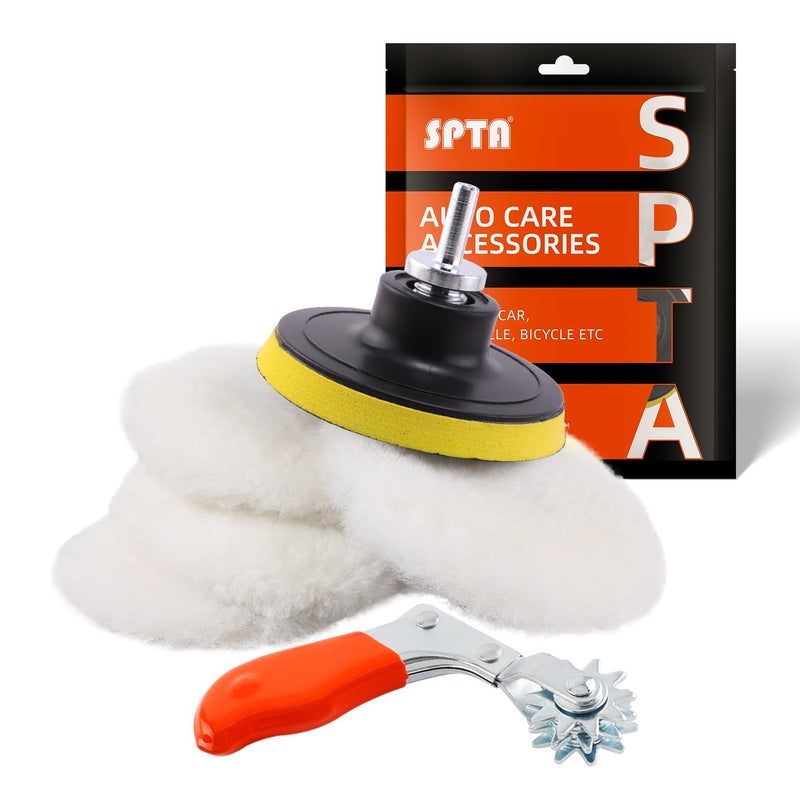 Wool Buffing Polishing Pad SPTA 3 Inch 75mm Lambwool Wool Buffing polishing Pads 6 Pcs Kit with Hook  Loop 5811 Thread Drill Adapter for Car Polishing and Buffing QA0798SET