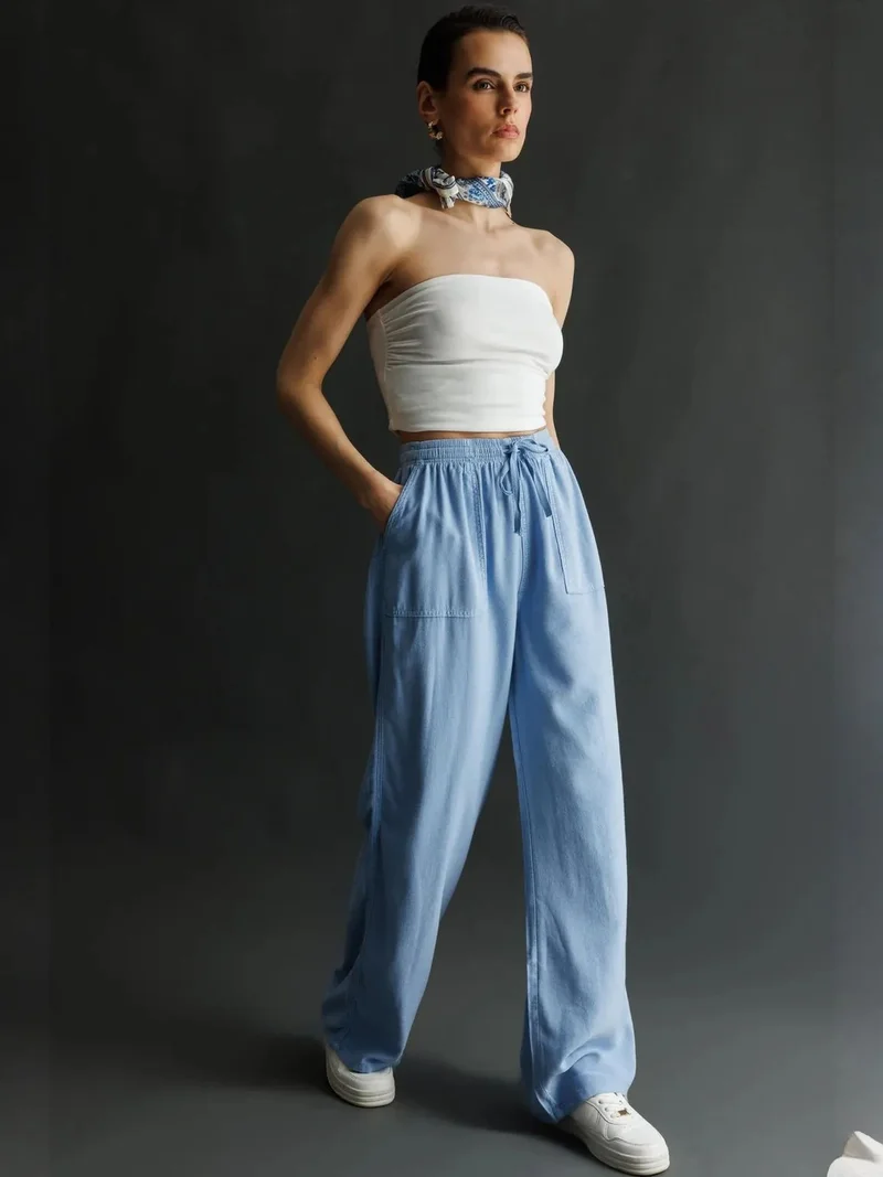 Mixray Oxford Blue MIXRAY High Waist Wide Leg Palazzo Pants with Drawstring Waist for Women | Best Price UAE