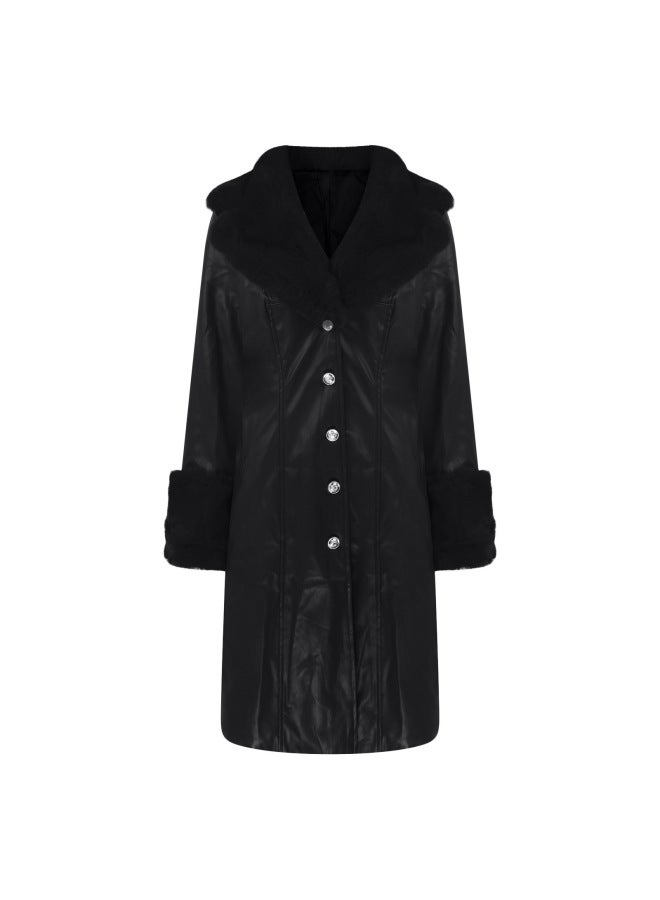 Women's European And American Autumn And Winter Lapel Fur Collar Elegant Fashion Zipper Pu Long Coat Jacket For Hair
