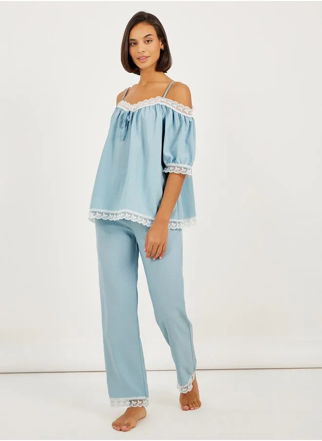 ستايلي Bow Embroidered Trim Bardot Top and Pyjama Set