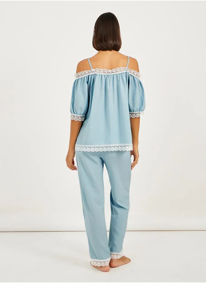 Styli Bow Embroidered Trim Bardot Top and Pyjama Set