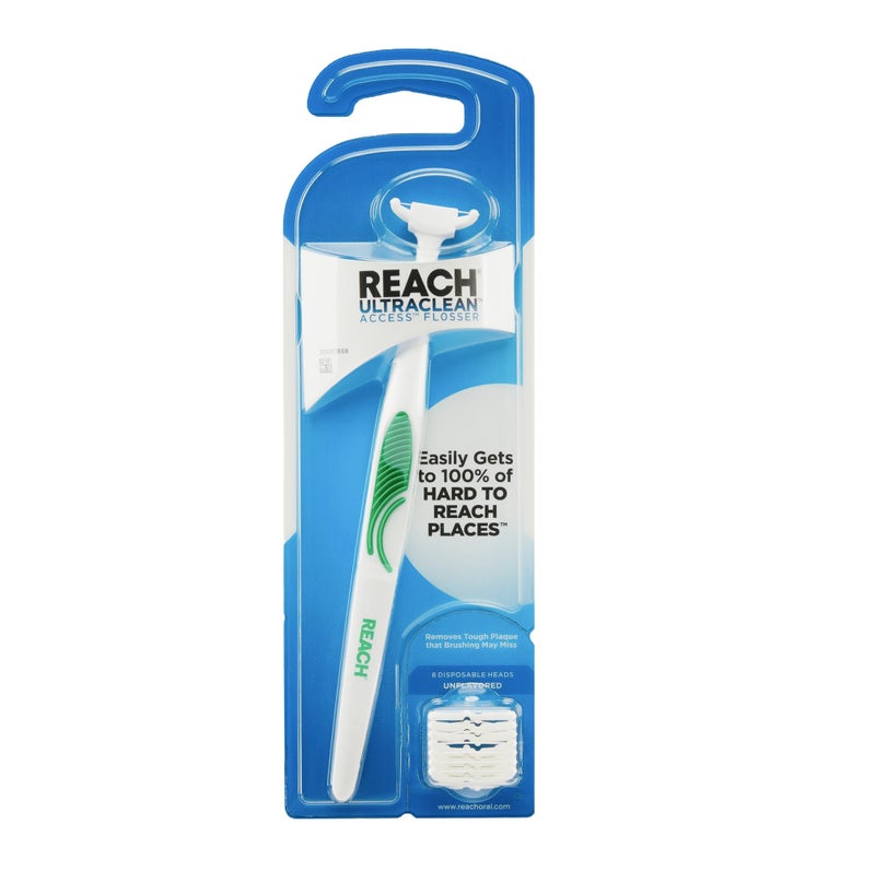 REACH Ultraclean Access Flosser Starter Kit, Unflavored, Plaque Remover for Teeth, for Hard to Reach Areas, Oral Care, PFAS Free, 1 Replaceable Flosser & 8 Refill Heads, 1 Pack - Image 1
