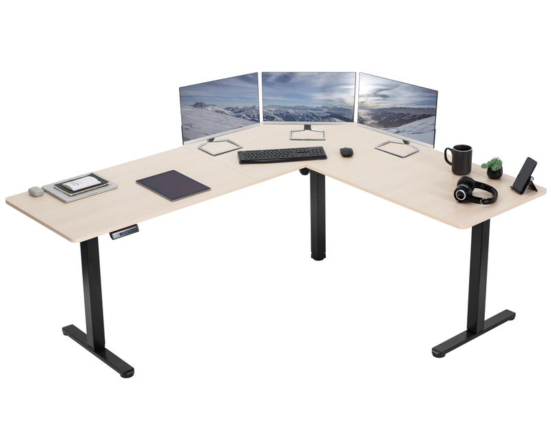 VIVO Electric Corner LShaped 75 x 63 in Standing Desk Memory Height Adjustment Light Wood Top Black Frame DESKE3CTBC75