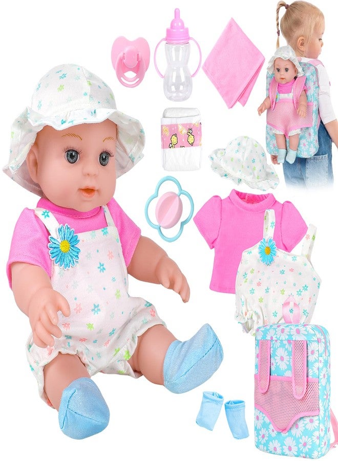 DOTVOSY 12" Girls Baby Doll Daisy Theme Backpack Carrier Playset,12 Inch Reborn Baby Dolls With Accessories And Clothes Set Toy Stuffs Pink Hanky Diaper Bottle Nipple And Gifts For Baby Toddler Age 3+ - Image 1
