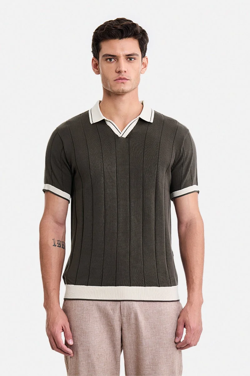سنيتش Dark Brown Ribbed Half Sleeve Regular Fit T-Shirt