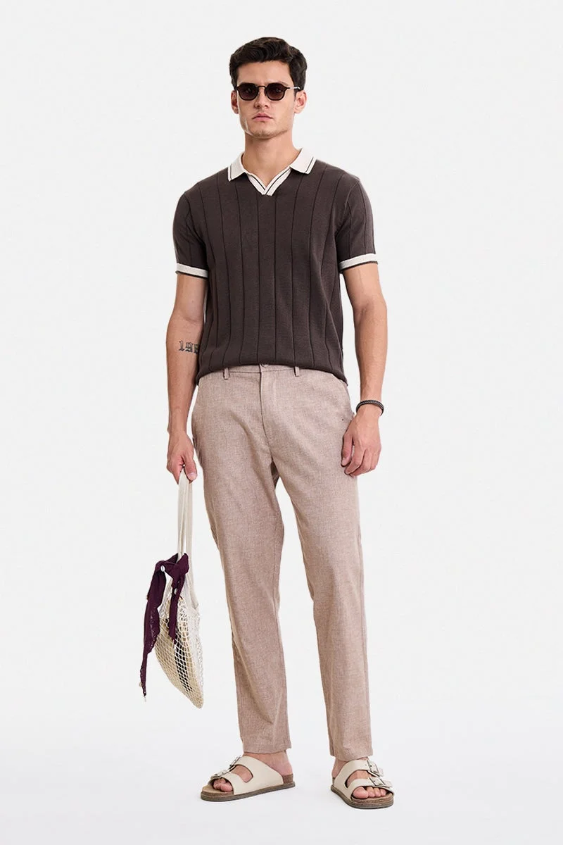 سنيتش Dark Brown Ribbed Half Sleeve Regular Fit T-Shirt