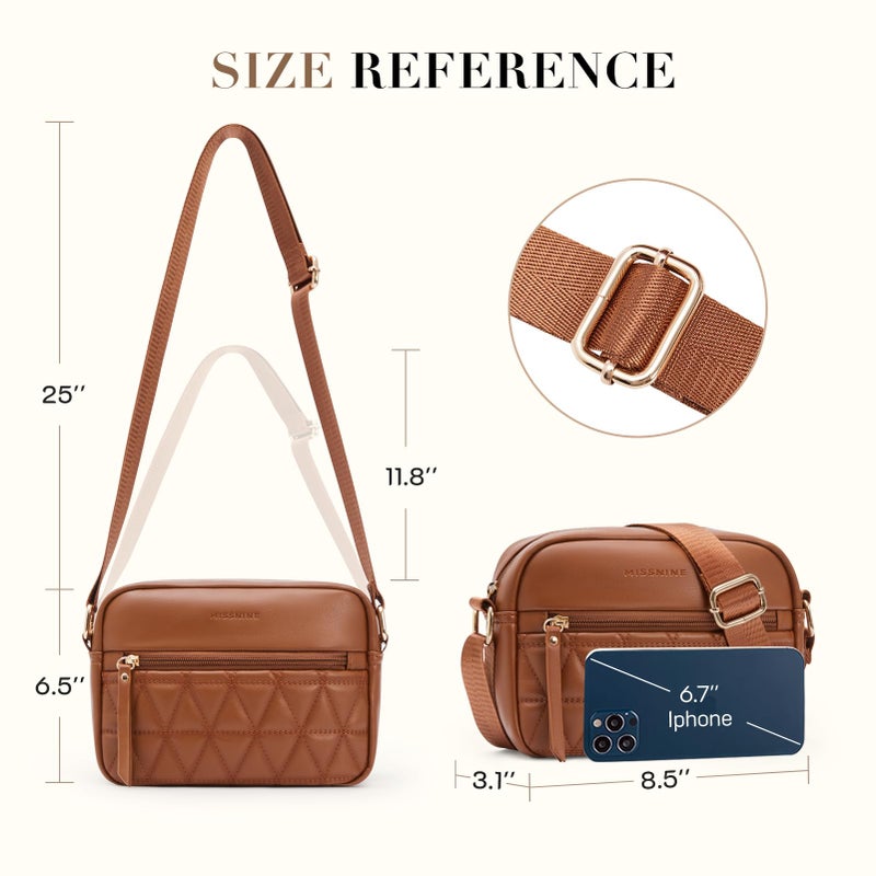 Missnine Small Crossbody Purse Women Quilted Crossbody Bags Soft Leather Shoulder Handbags with Adjustable Strap (Quilted-Brown, Small) - Image 3