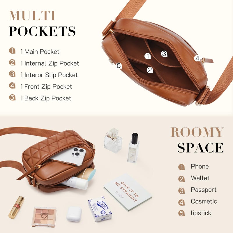Missnine Small Crossbody Purse Women Quilted Crossbody Bags Soft Leather Shoulder Handbags with Adjustable Strap (Quilted-Brown, Small) - Image 4