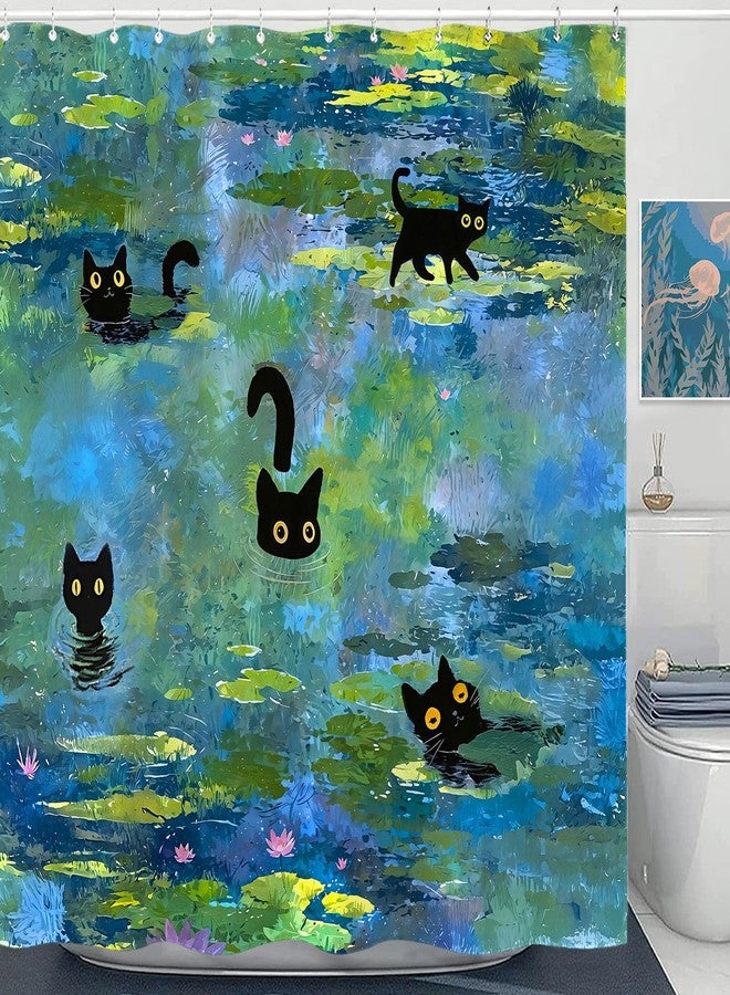Accnicc Cute Cat Shower Curtain Funny Fun Cool Cats Monet Shower Curtains for Bathroom Water Lilies Waterproof Fabric Bath Curtain Decor 72 X 72 Inch - Image 1