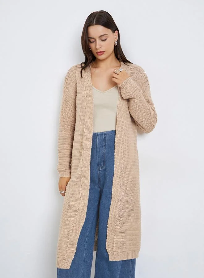 Styli Beige Textured Knit Midi Cardigan
