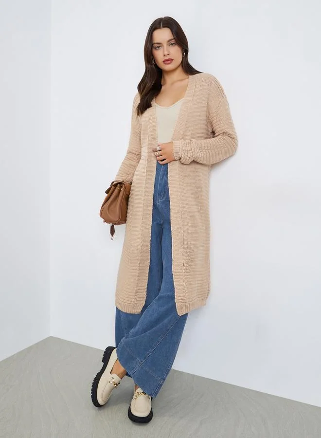 Styli Beige Textured Knit Midi Cardigan