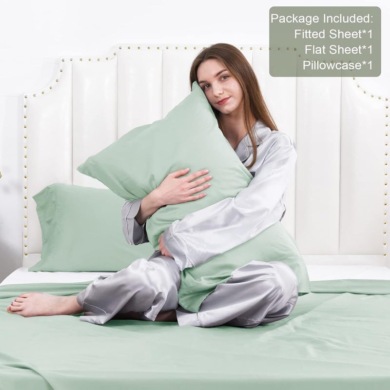 David's Home طقم ملاءات توأم مكون من 4 قطع 100% رايون مستخرج من الخيزران، ناعم وفاخر وقابل للتنفس لذوي النوم الساخن، 1 x 100 سم x 190 سم x 40 سم ملاءة مشدودة، 1 x 165 سم x 255 سم ملاءة مسطحة x 2 x 50 سم x 75 سم أغطية وسائد، أخضر مريمي - Image 3