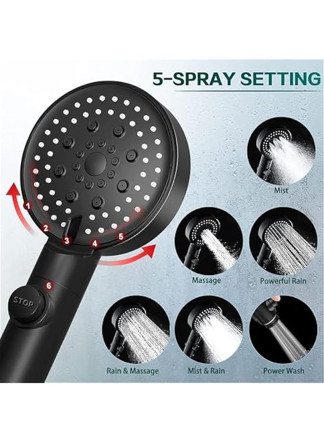 بيوينتي رأس دش عالي الضغط بـ 5 سرعات قابلة للتعديل محمول باليد مع خرطوم وفوهة دش للحمام بمفتاح بلمسة واحدة سهل التركيب ومرشح (لون أسود) - Image 2