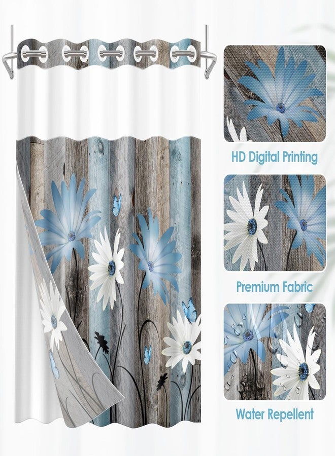 Nesphy No Hook Rustic Farmhouse Shower Curtain with Snap in Fabric Liner Set, Blue Daisy Flowers and Butterfly on Wooden Double Layers Waterproof with See Through Top Bath Curtain 71x74 Inch - Image 2