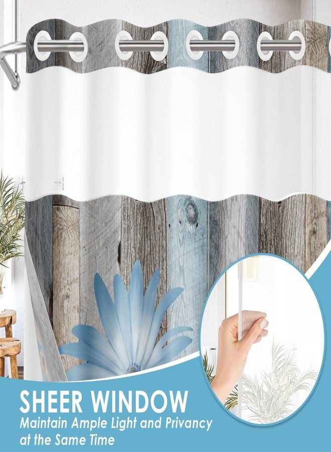 Nesphy No Hook Rustic Farmhouse Shower Curtain with Snap in Fabric Liner Set, Blue Daisy Flowers and Butterfly on Wooden Double Layers Waterproof with See Through Top Bath Curtain 71x74 Inch - Image 4