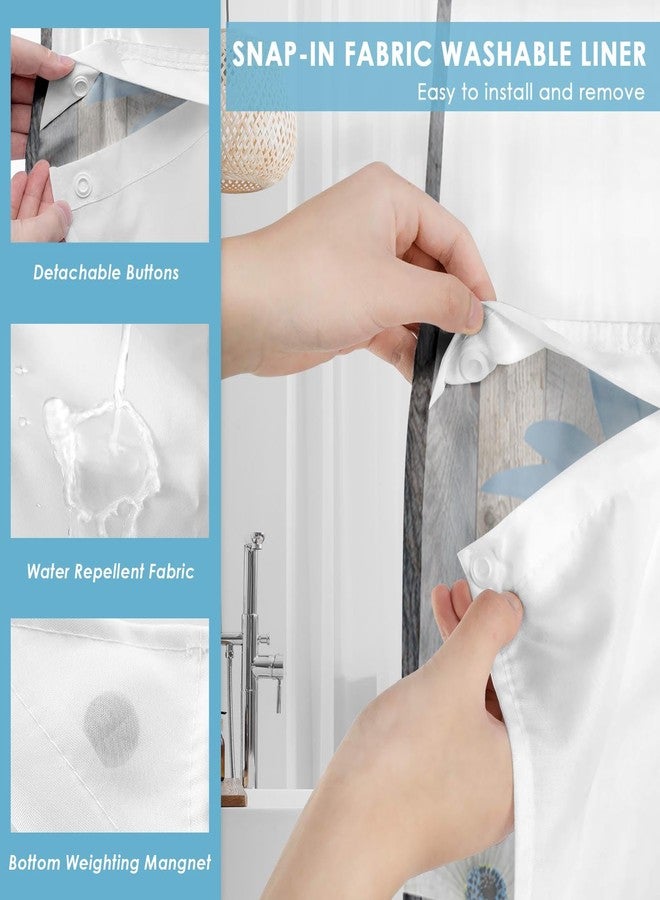 Nesphy No Hook Rustic Farmhouse Shower Curtain with Snap in Fabric Liner Set, Blue Daisy Flowers and Butterfly on Wooden Double Layers Waterproof with See Through Top Bath Curtain 71x74 Inch - Image 3