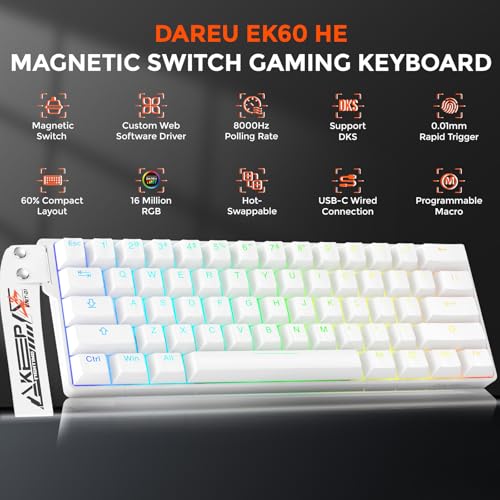 DAREU EK60 HE Rapid Trigger Gaming Keyboard Wired, 0.01mm RT Accuracy Adjustable, Hall Effect Magnetic Switch Hot Swappable, SOCD, 8000Hz Polling, RGB Backlit, 60% Compact Design for Laptop/PC - Image 2