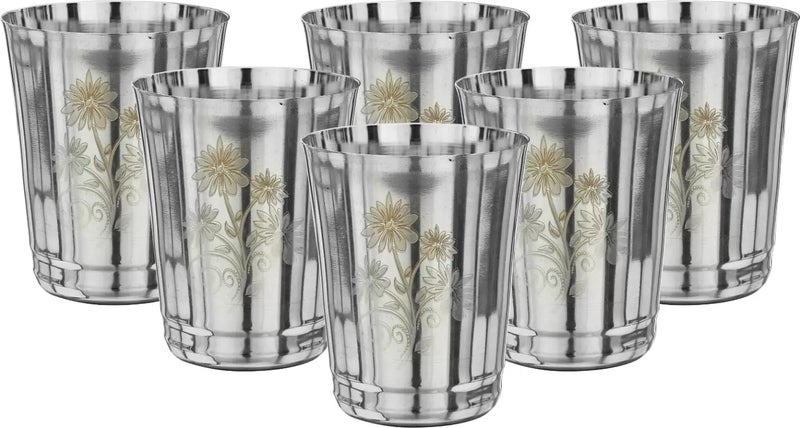 Nirvika 22 Gauge Stainless Steel Drinking Water Juice Tea GlassTumbler Set for Home Kitchen Dining I Ideal for Serving Beverages I Flower350 ml Silver Permanent Laser FlowerPack of 6 - Image 1