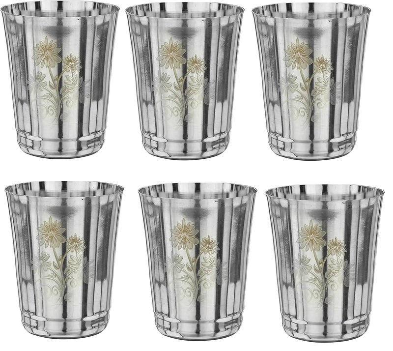 Nirvika 22 Gauge Stainless Steel Drinking Water Juice Tea GlassTumbler Set for Home Kitchen Dining I Ideal for Serving Beverages I Flower350 ml Silver Permanent Laser FlowerPack of 6 - Image 4