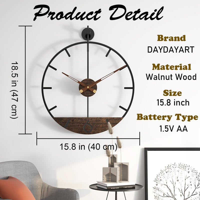 DAYDAYART Modern Wood Walnut Dial Wall Clock, Large Simple Wall Decor Metal Frame Silent Non Ticking Clock for Living Room Decor, Kitchen, Bedroom, Study Decoration, Handmade Home Gift Idea, 15.8 in - Image 3