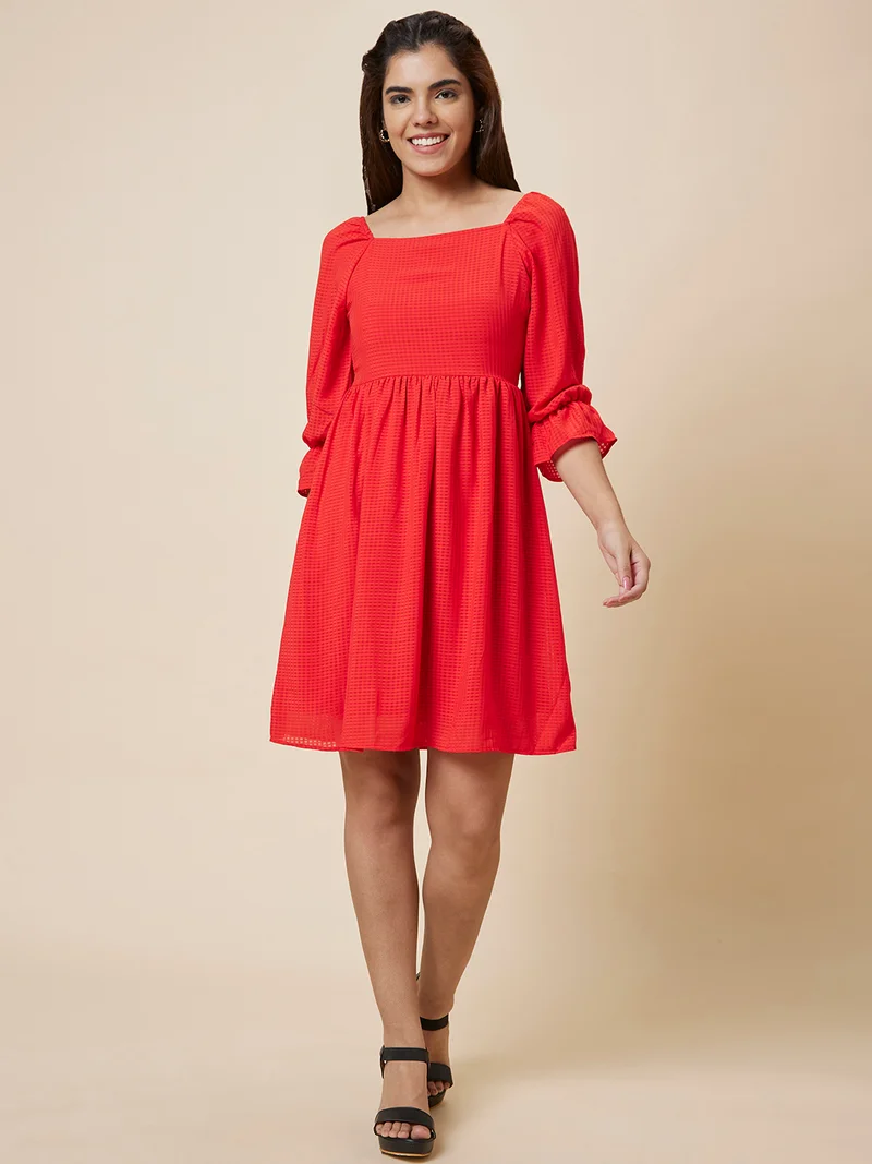globus Women Red Puff Sleeve Fit & Flare Dress