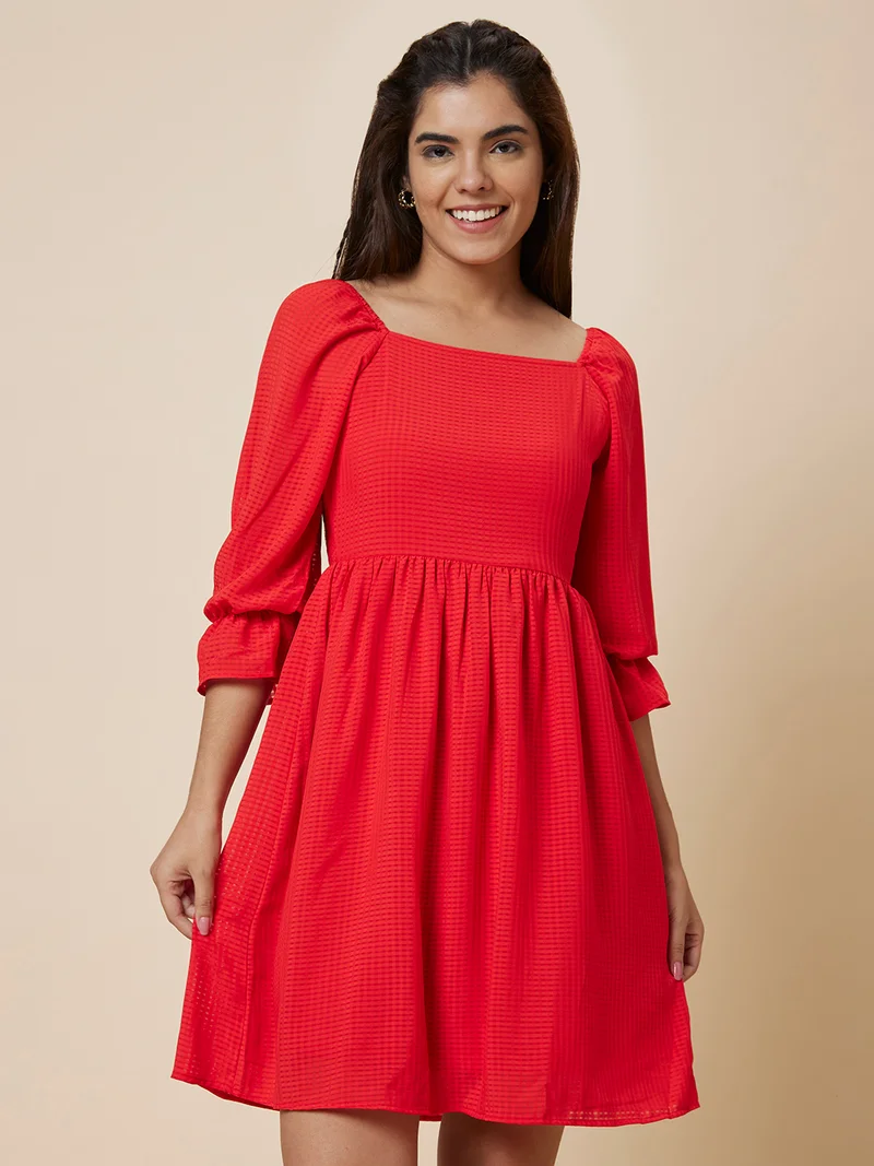globus Women Red Puff Sleeve Fit & Flare Dress