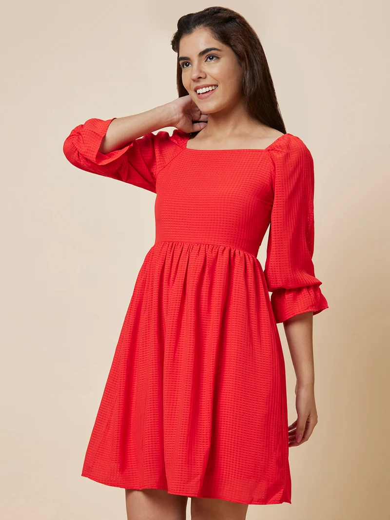 globus Women Red Puff Sleeve Fit & Flare Dress