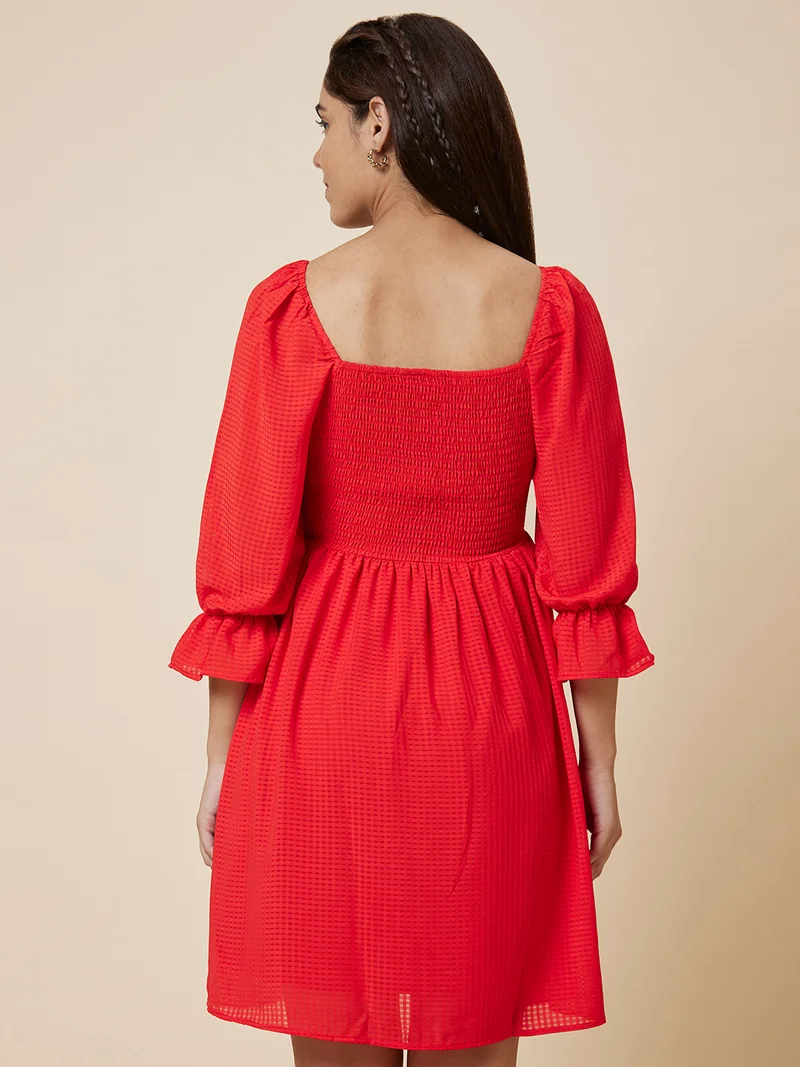 globus Women Red Puff Sleeve Fit & Flare Dress
