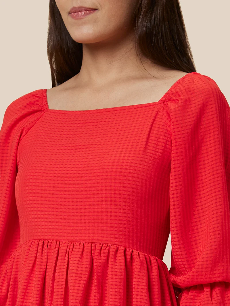 globus Women Red Puff Sleeve Fit & Flare Dress