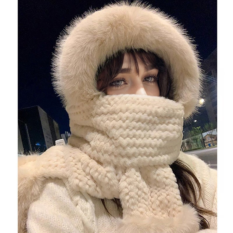 Cute Cat Ear Knit Beanie Women Autumn Winter Fashion Warm 1231 beige three-piece set [without ears-big Mao Mao hat brim-Mao Mao gloves]]