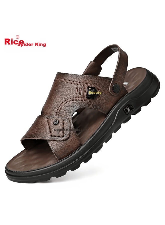 Spider King Men's Sandals Summer Casual Breathable Beach Leather Comfortable Non-slip Dual-wear Slippers Brown Size 40