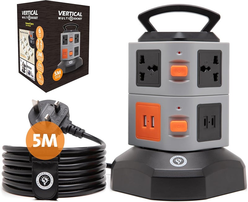 Smart Design Solutions Universal Tower Extension Cord with USB | Multi Plug Power Strip Tower | 5m Cable | Surge Protector (5m) - Image 1