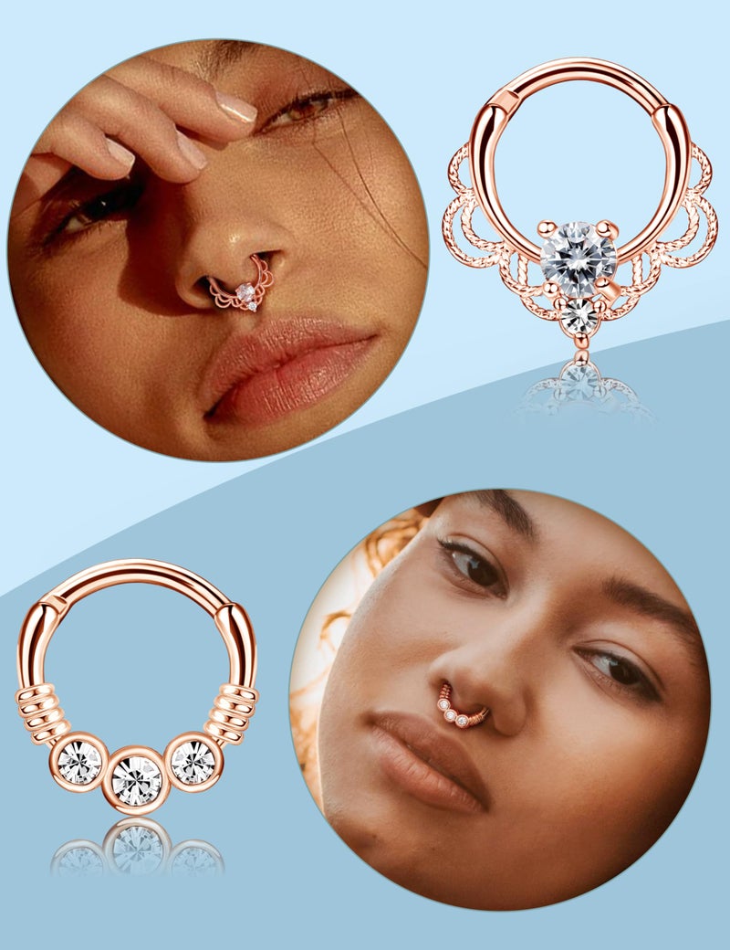 Drperfect 9PCS 16G Septum Rings Opal Daith Earrings Hoop Nose Rings 316L Stainless Steel CZ Cartilage Helix Tragus Earrings Septum Clicker Piercing Jewerly Rose Gold Tone 8MM - Image 2