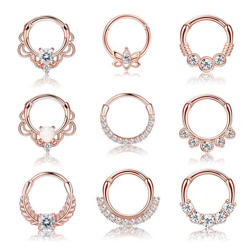 Drperfect 9PCS 16G Septum Rings Opal Daith Earrings Hoop Nose Rings 316L Stainless Steel CZ Cartilage Helix Tragus Earrings Septum Clicker Piercing Jewerly Rose Gold Tone 8MM - Image 1