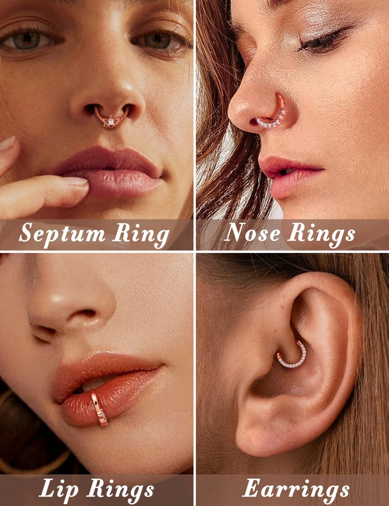 Drperfect 9PCS 16G Septum Rings Opal Daith Earrings Hoop Nose Rings 316L Stainless Steel CZ Cartilage Helix Tragus Earrings Septum Clicker Piercing Jewerly Rose Gold Tone 8MM - Image 3