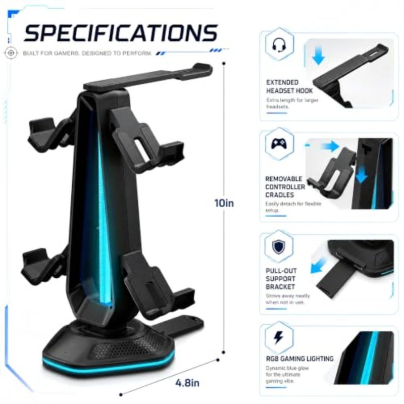 4 وحدة تحكم وحامل سماعة رأس مع RGB Underglow، ومنافذ شحن USB-A مزدوجة، وحامل وحدة تحكم الألعاب اللاسلكية العالمية ومهد سماعة الرأس، ومنظم سطح المكتب ABS - أسود - Image 4