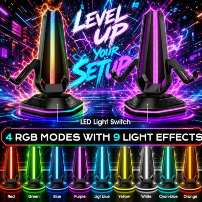 4 وحدة تحكم وحامل سماعة رأس مع RGB Underglow، ومنافذ شحن USB-A مزدوجة، وحامل وحدة تحكم الألعاب اللاسلكية العالمية ومهد سماعة الرأس، ومنظم سطح المكتب ABS - أسود - Image 5