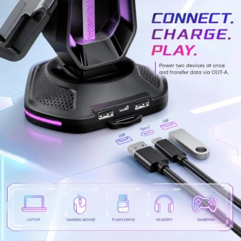 4 وحدة تحكم وحامل سماعة رأس مع RGB Underglow، ومنافذ شحن USB-A مزدوجة، وحامل وحدة تحكم الألعاب اللاسلكية العالمية ومهد سماعة الرأس، ومنظم سطح المكتب ABS - أسود - Image 3