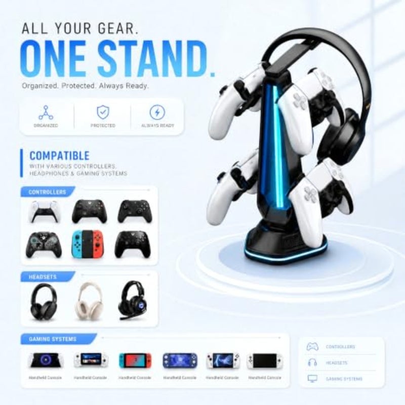 4 وحدة تحكم وحامل سماعة رأس مع RGB Underglow، ومنافذ شحن USB-A مزدوجة، وحامل وحدة تحكم الألعاب اللاسلكية العالمية ومهد سماعة الرأس، ومنظم سطح المكتب ABS - أسود - Image 2