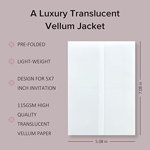 Puremigo 30 Pack Luxury Pre-Folded Vellum Jackets for 5x7 Invitations - Vellum Paper 5x7 Jackets - 115GSM Vellum Wedding Invitations Wraps - Transparent Wedding Invitations Jacket - Image 2