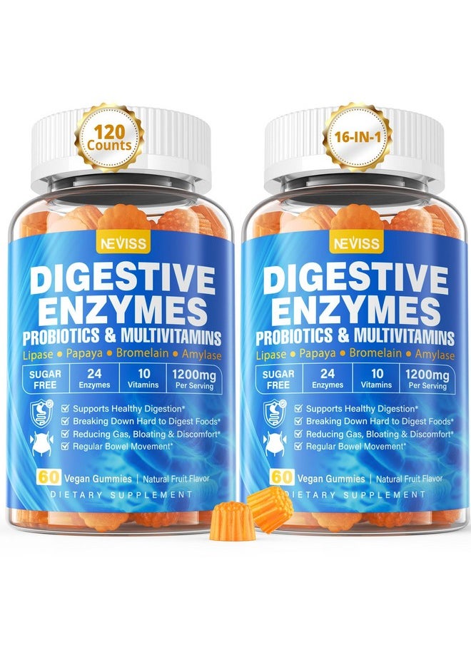 NEVISS - Digestive Enzymes with Probiotic Gummies, Multivitamins, Calcium, Magnesium - All 24 Essential Chewable Multi Enzymes - Papaya, Lipase, Amylase, Bromelain - Breaking Down Carbs, Proteins, Fats, 2Packs - Image 1