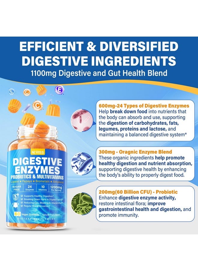 NEVISS - Digestive Enzymes with Probiotic Gummies, Multivitamins, Calcium, Magnesium - All 24 Essential Chewable Multi Enzymes - Papaya, Lipase, Amylase, Bromelain - Breaking Down Carbs, Proteins, Fats, 2Packs - Image 1